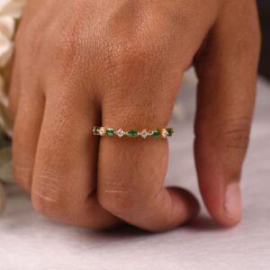 Emerald Wedding Band – 14k Solid Gold Stacking Ring, Half Eternity Ring, Gift For Love Emerald Wedding Band – 14k Solid Gold Stacking Ring, Half Eternity Ring, Gift For Love