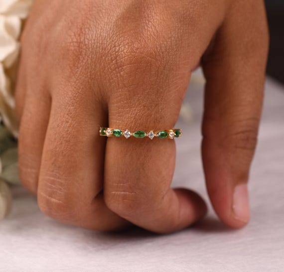 Emerald Wedding Band – 14k Solid Gold Stacking Ring, Half Eternity Ring, Gift For Love