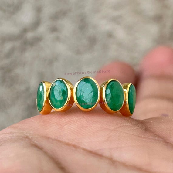 Emerald Wedding Band Ring: Sterling Silver Five Stone Promise Ring