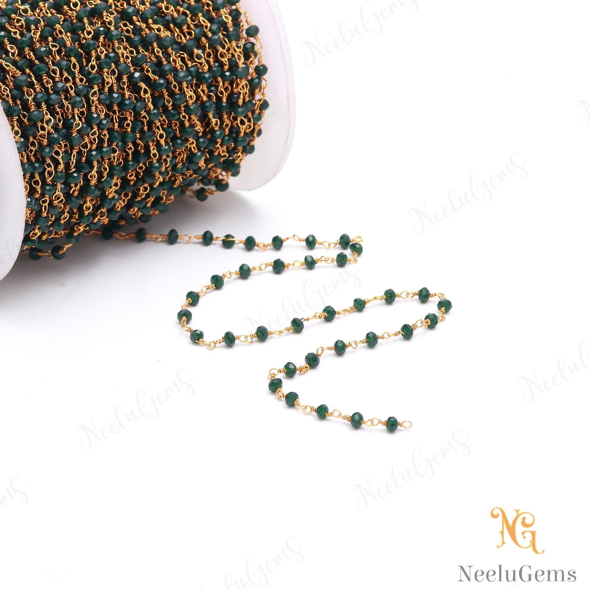 Beautiful Green Emerald Hydro Rondelle Beads Chain,3 Mm Gold Plated Wire Wrap Microcut Beaded Chain,rosary Chain For Handmade Jewelry