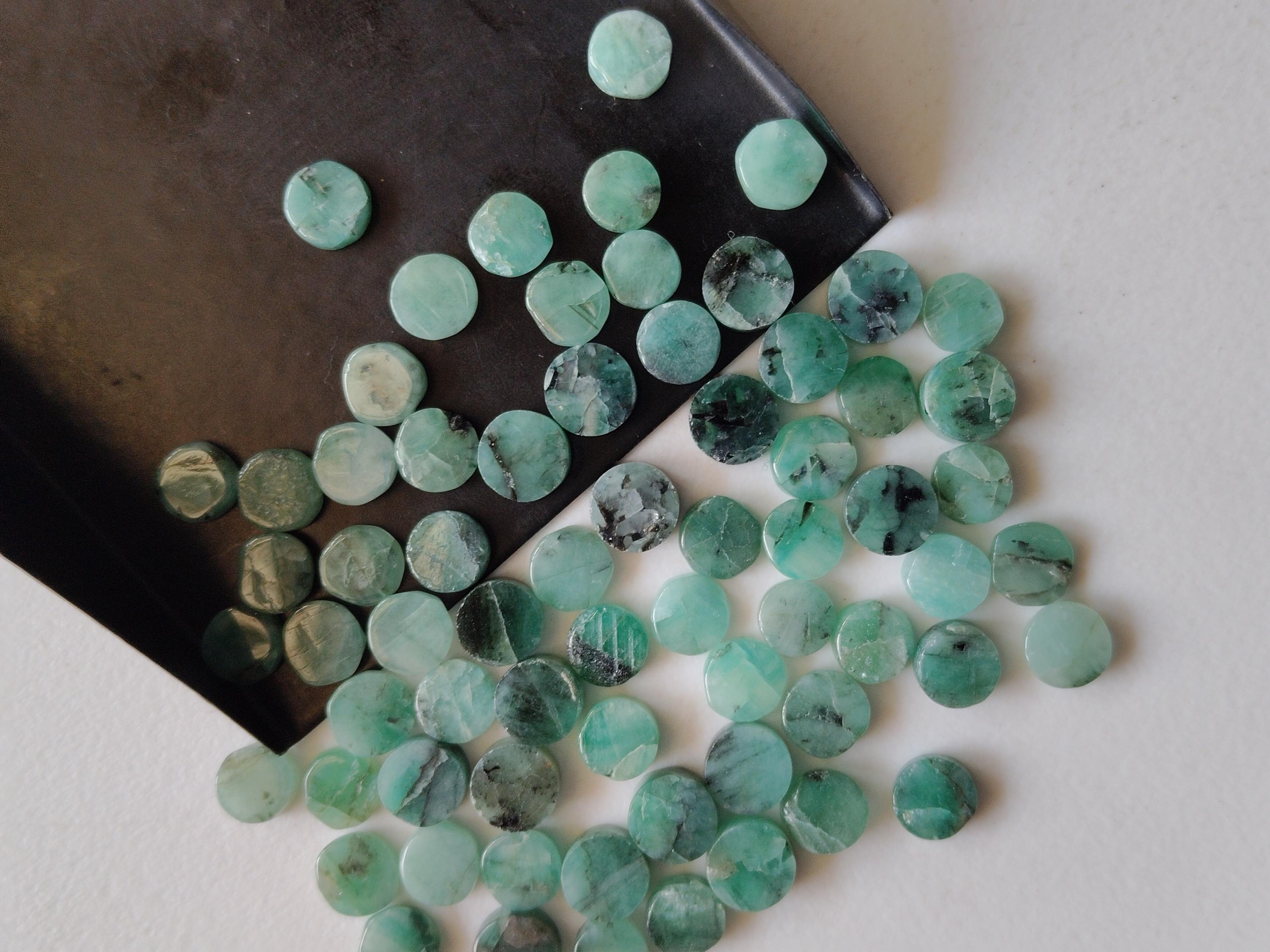 Emerald Buttons, Natural Loose Emerald Plain Smooth Round Flat Back Cabochons, 6mm Original Emerald Tyre For Jewelry, 10 Pcs - Asg93