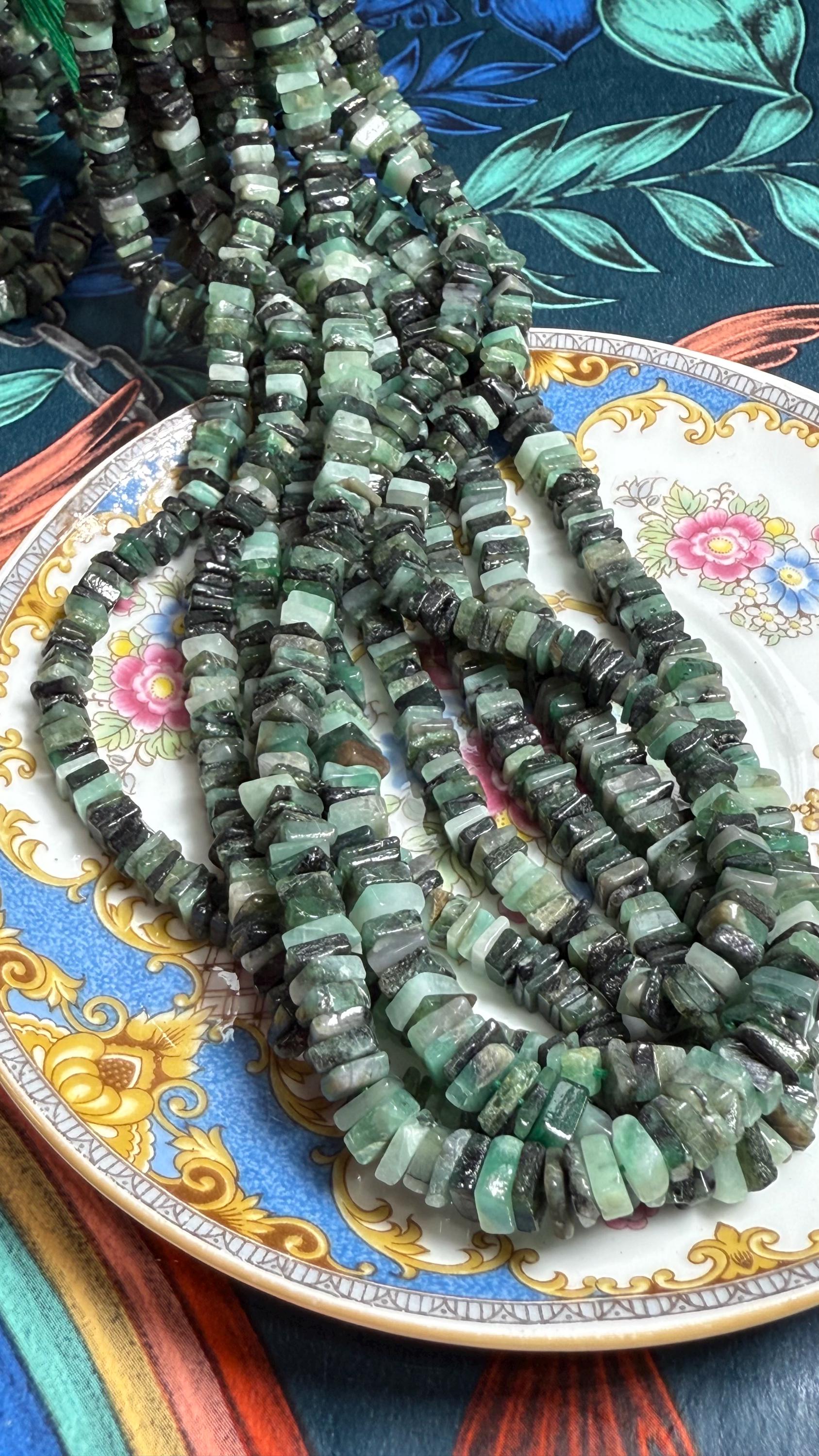 Emerald Handcut Rustic Green Square Heishi Rondelle Spacer Beads / Natural Green Gemstone Beads/ 5mm Approx