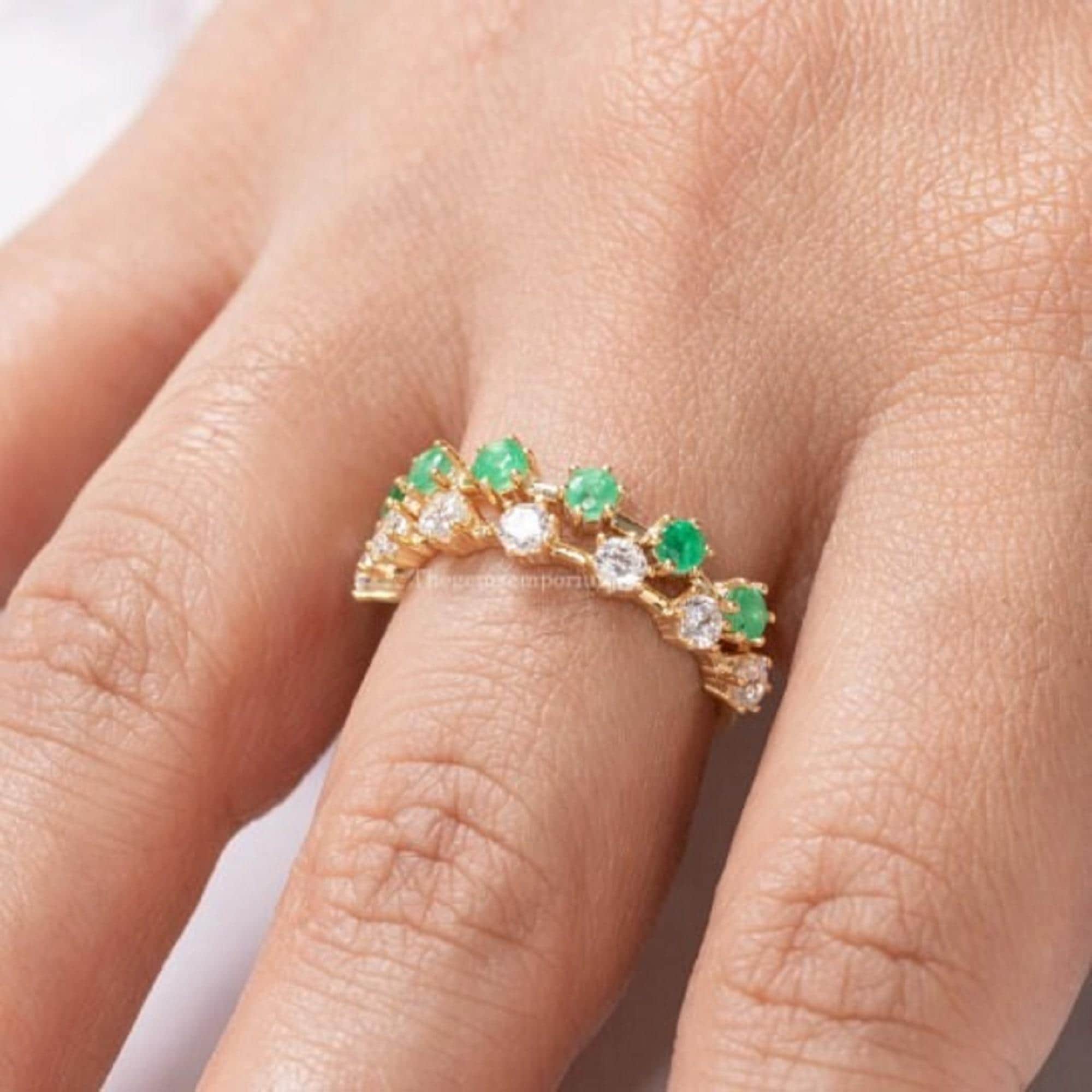 14k Solid Gold Emerald Eternity Band/round Emerald Engagement Ring/prong Set Green Gemstone Ring/minimalist Wedding Band/dainty Ring For Her