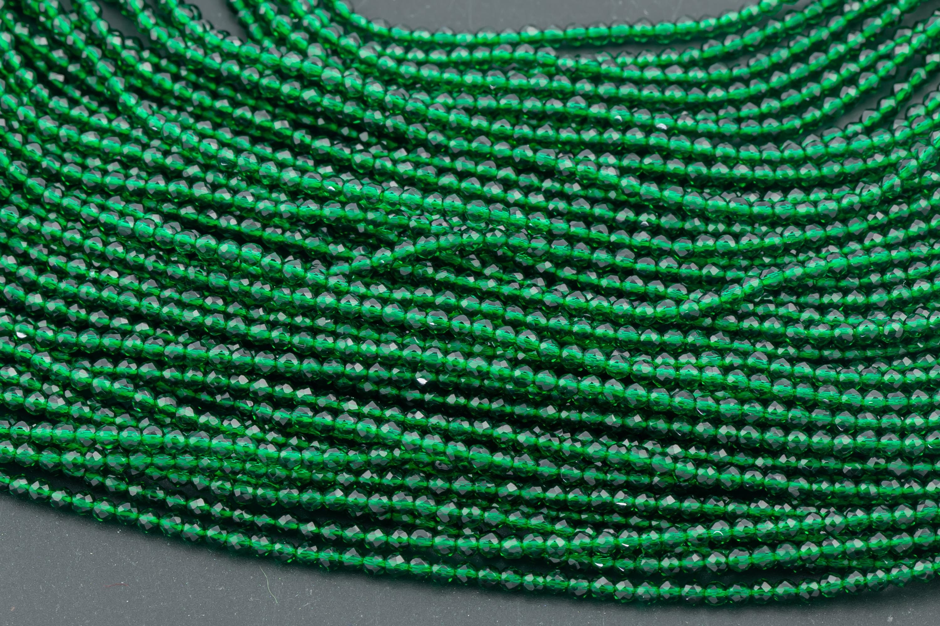 2mm Or 3mm Crystal Round -2 Or 5 Or 10 Strands- Extra Fine-14 Inches Long About 100+ Beads - Emerald