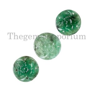3pcs Rare Emerald Round Flower Carvings, Hand Crafted Gemstone Carvings, Healing Crystals For Jewelry Making, Natural Emerald Loose Carvings