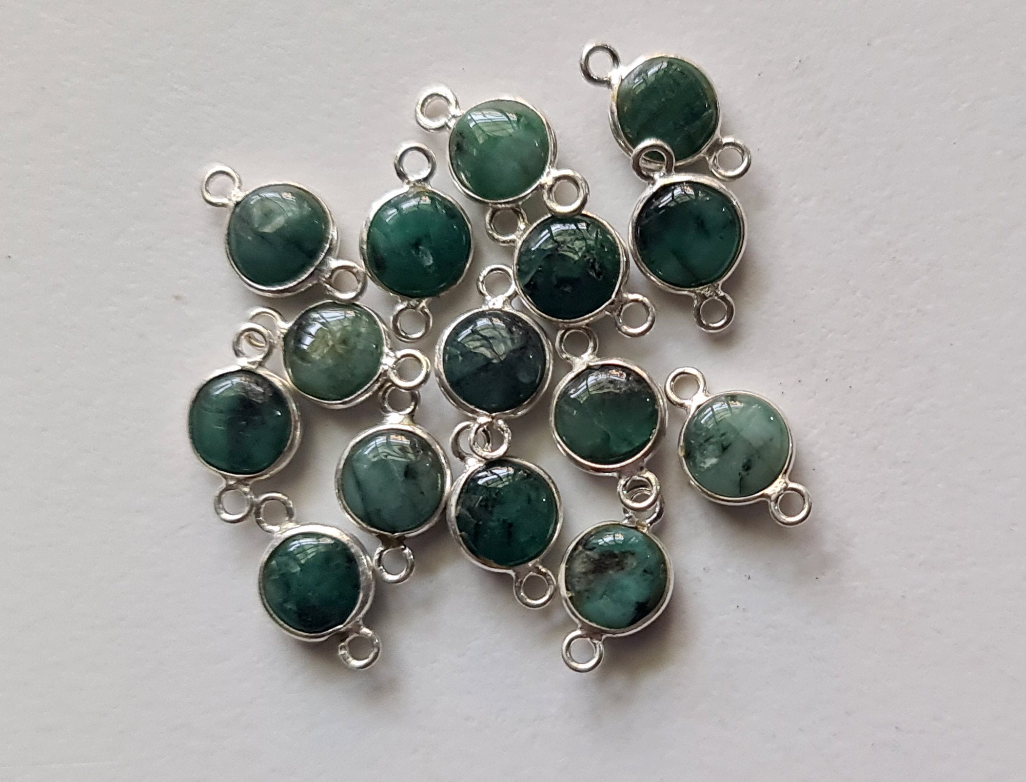 Emerald Round Charm Connectors Plain Round 925 Silver With Bezel Connectors 14-15mm Double Loop Findings, 5 Pcs - Psg282