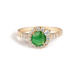 Round Cut Green Emerald Engagement Ring,Rose Gold Halo Diamond Wedding Ring,May Birthstone,Anniversary Promise Bridal Ring,Push Present