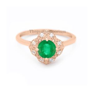 Round Cut Natural Emerald Promise Ring,Halo Diamond Engagement Ring,14k Solid Gold Bridal Jewelry,Art Deco Proposal Ring,May Birthstone Ring