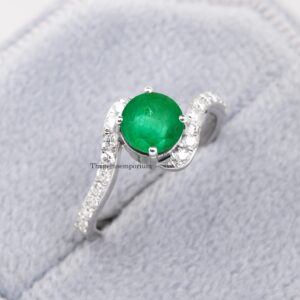 Emerald Diamond Engagement Ring, 14K Solid Gold, Bypass Ring, Round Cut Emerald, Prong Set, Green Ring, Bridal Ring Gift,Unique Ring For Her