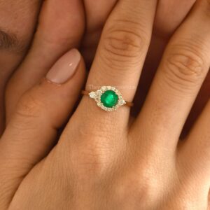 Natural Emerald Ring, 14k Gold Round Diamond Halo