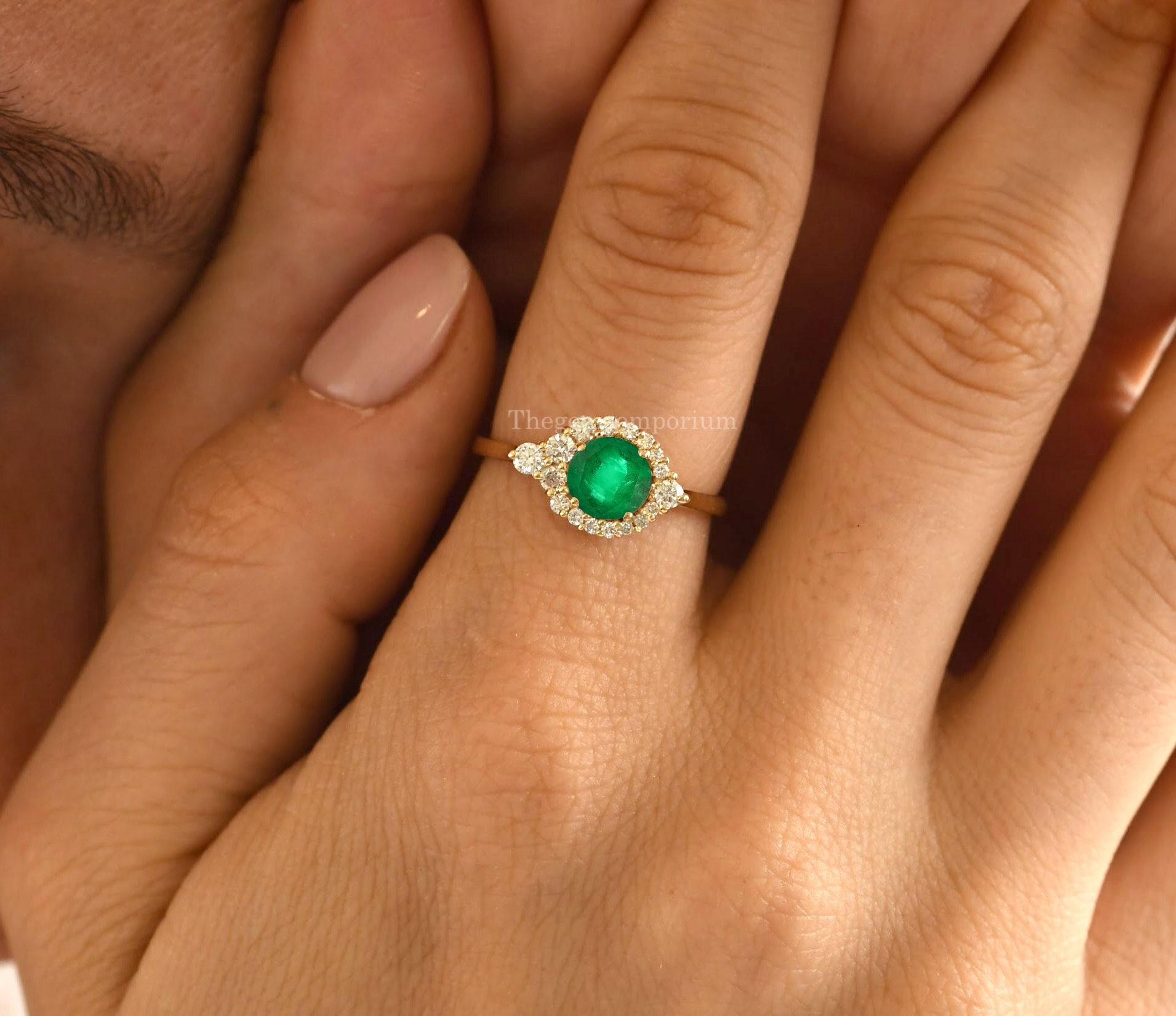 Natural Emerald Ring, 14k Gold Round Diamond Halo Natural Emerald Ring, 14k Gold Round Diamond Halo