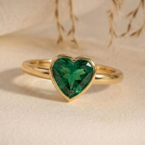 Heart Cut Green Emerald Ring, Gold Plated Solitaire Minimalist Promise Ring May Birthstone Jewelry