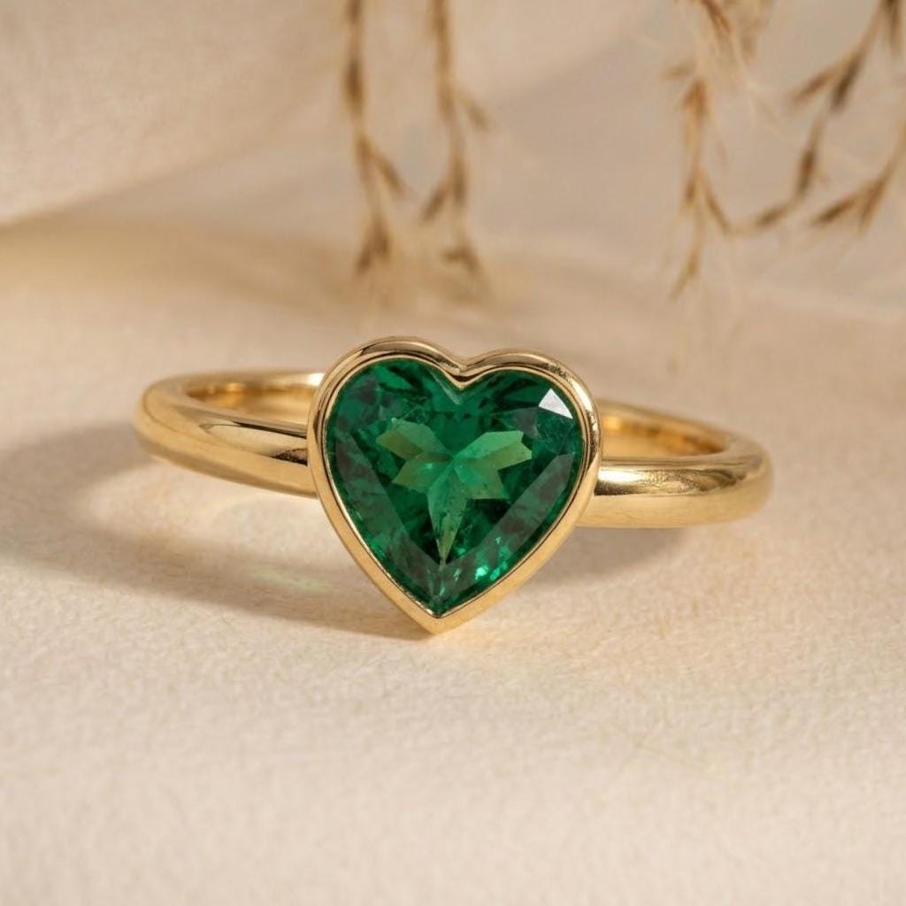 Heart Cut Green Emerald Ring, Gold Plated Solitaire Minimalist Promise Ring May Birthstone Jewelry