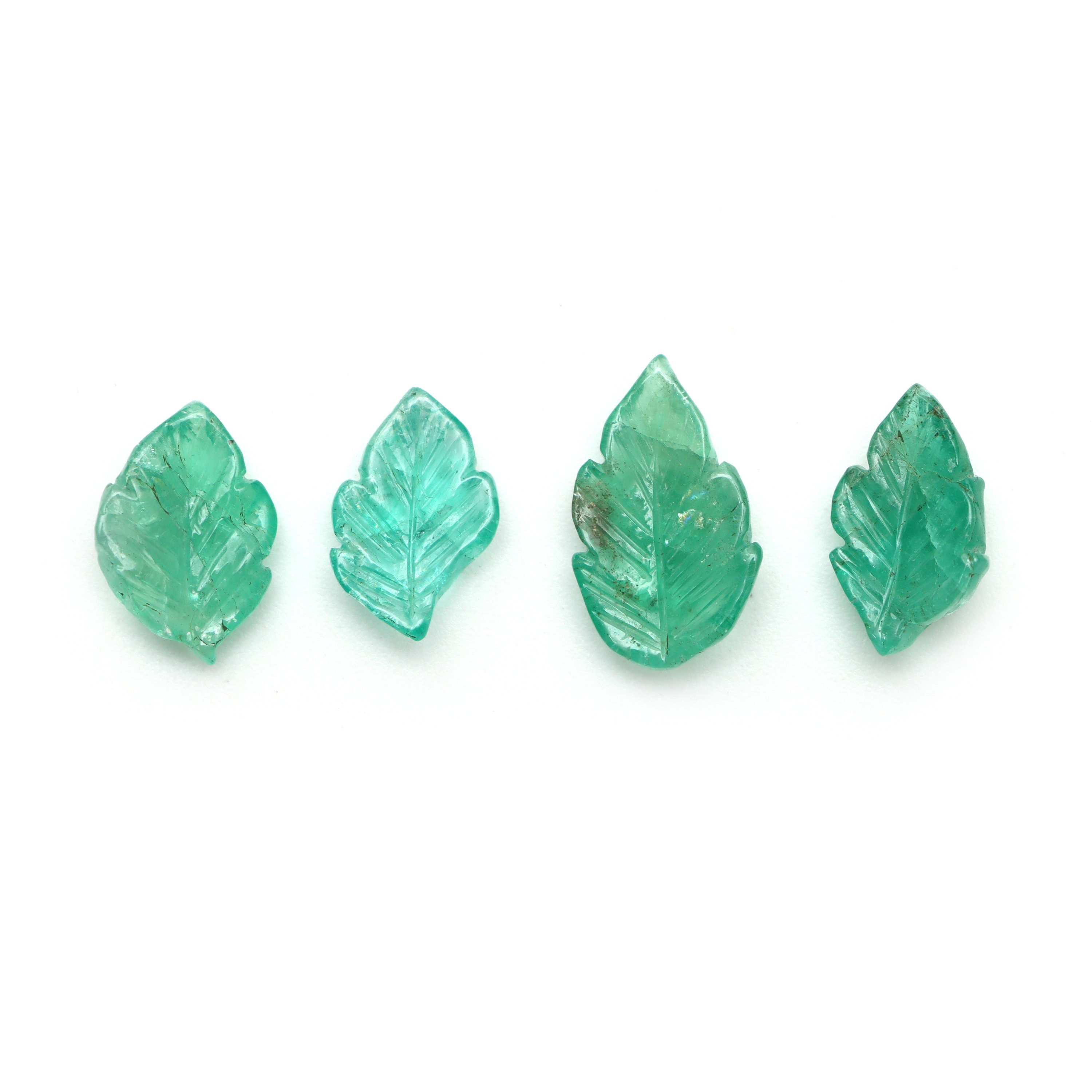 Natural Emerald Leaf Carving Loose Gemstone, 9x14 Mm To 10.5x17 Mm, Emerald Jewelry Handmade Gift For Women, Set Of 4 Pieces
