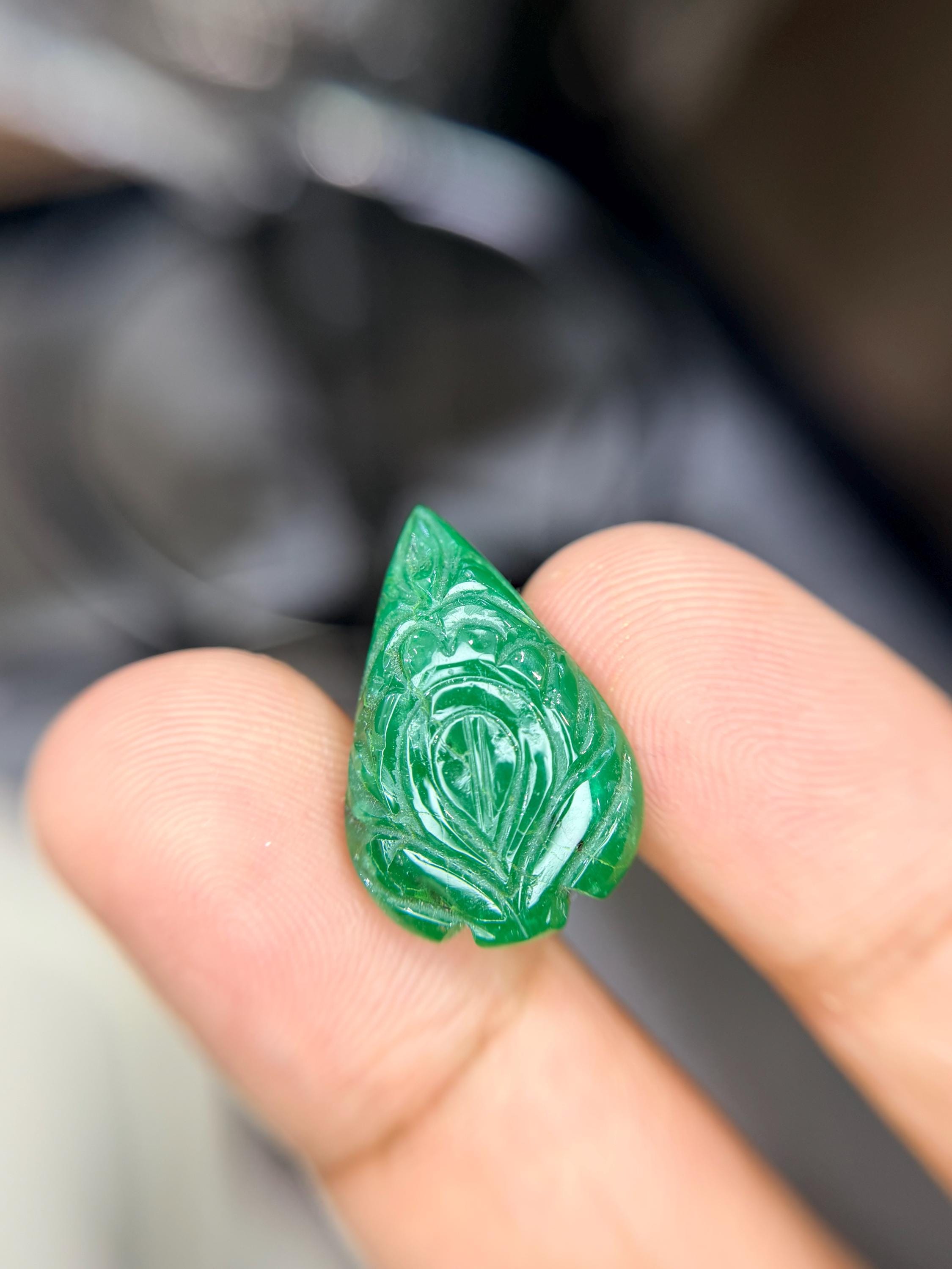 Natural Emerald Leaf Carving, Handmade Carved, Loose Gemstone, 12.30 Carat Emerald For Making Jewelry