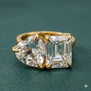 Toi Et Moi Emerald Heart Moissanite Ring, Gold Plated Sterling Silver Bridal Ring