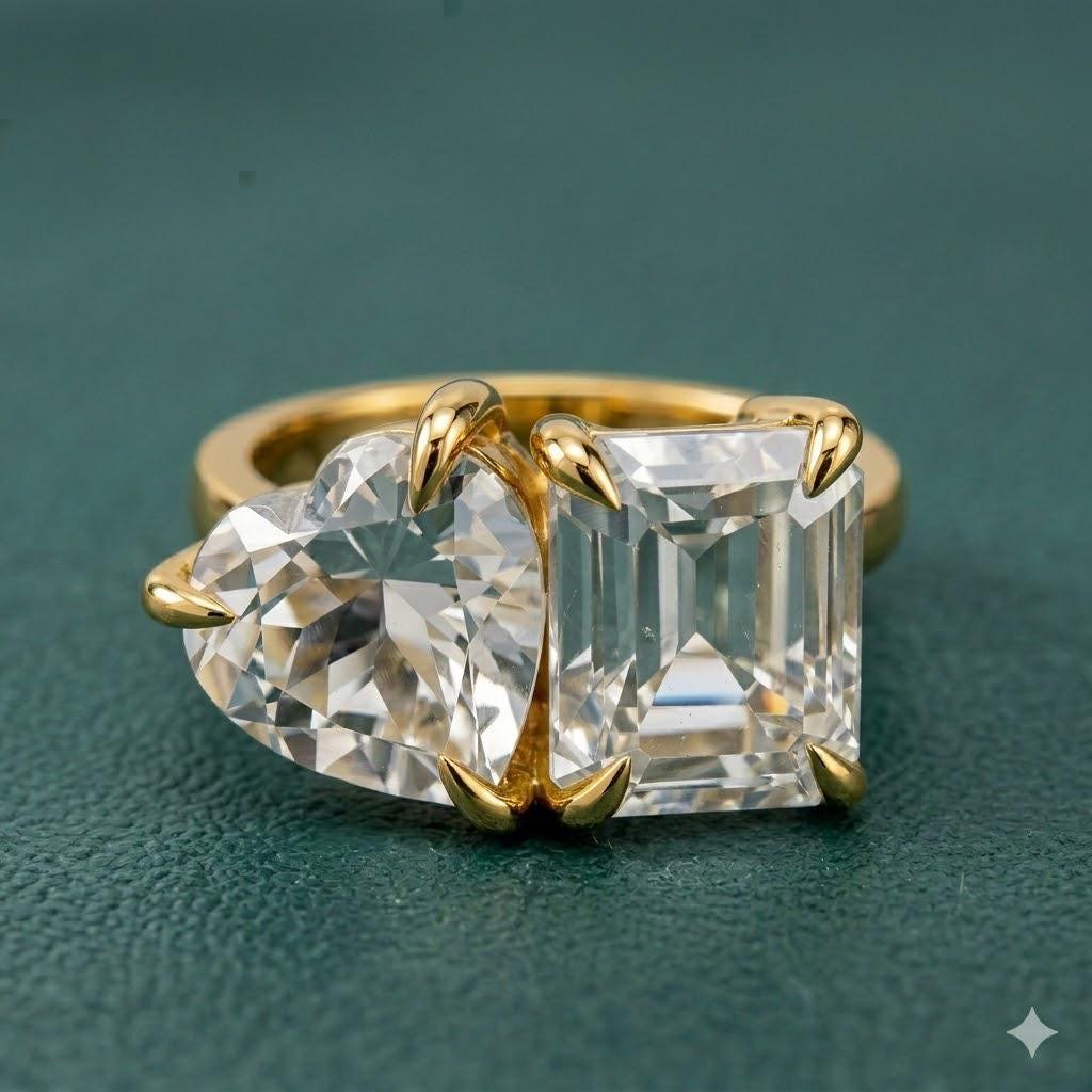 Toi Et Moi Emerald Heart Moissanite Ring, Gold Plated Sterling Silver Bridal Ring