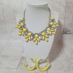 Etc! Yellow Statement Bib Necklace and Plastic Earrings Set with Large Rhinestones