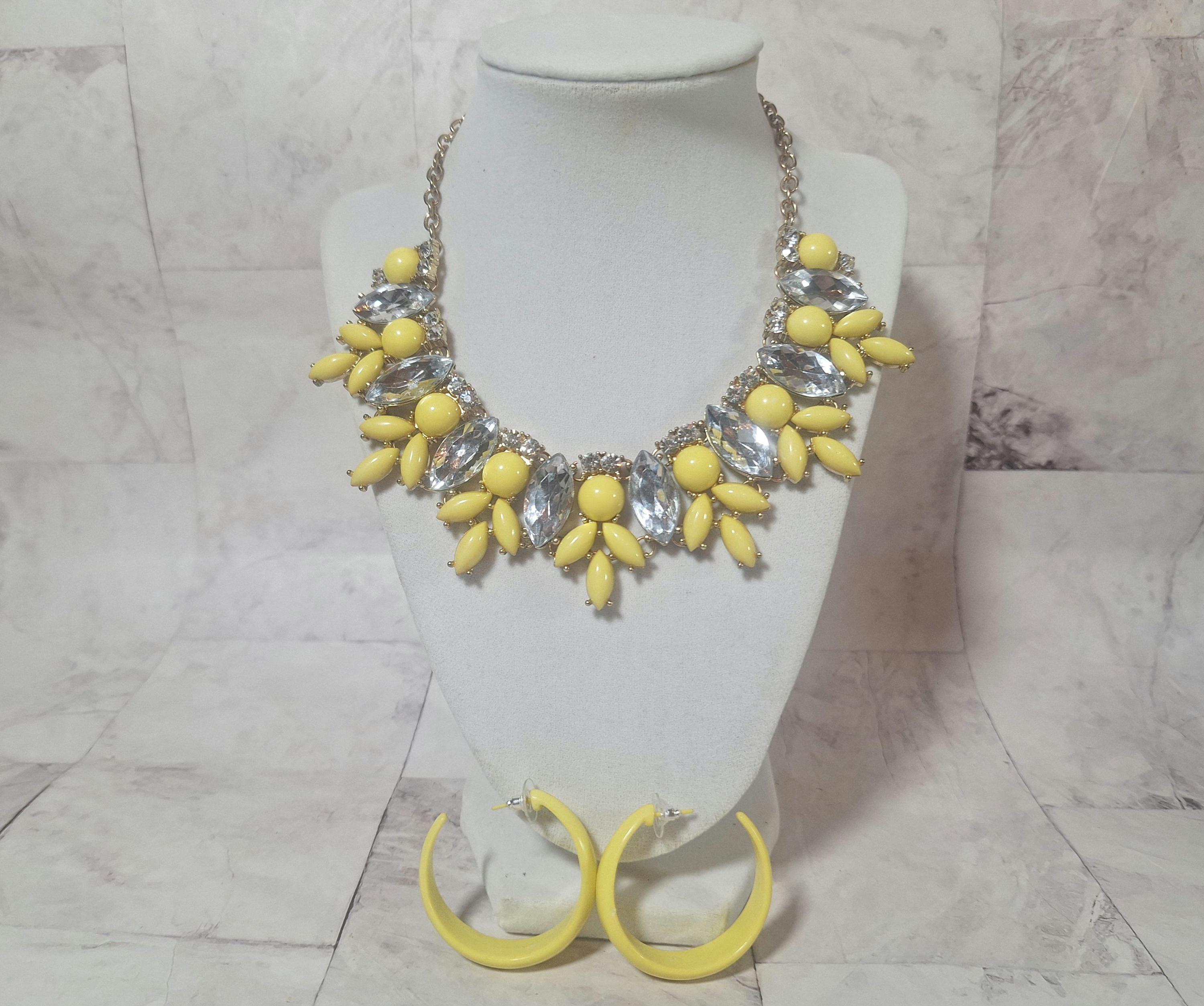 Etc! Yellow Statement Bib Necklace And Plastic Earrings Set With Large Rhinestones