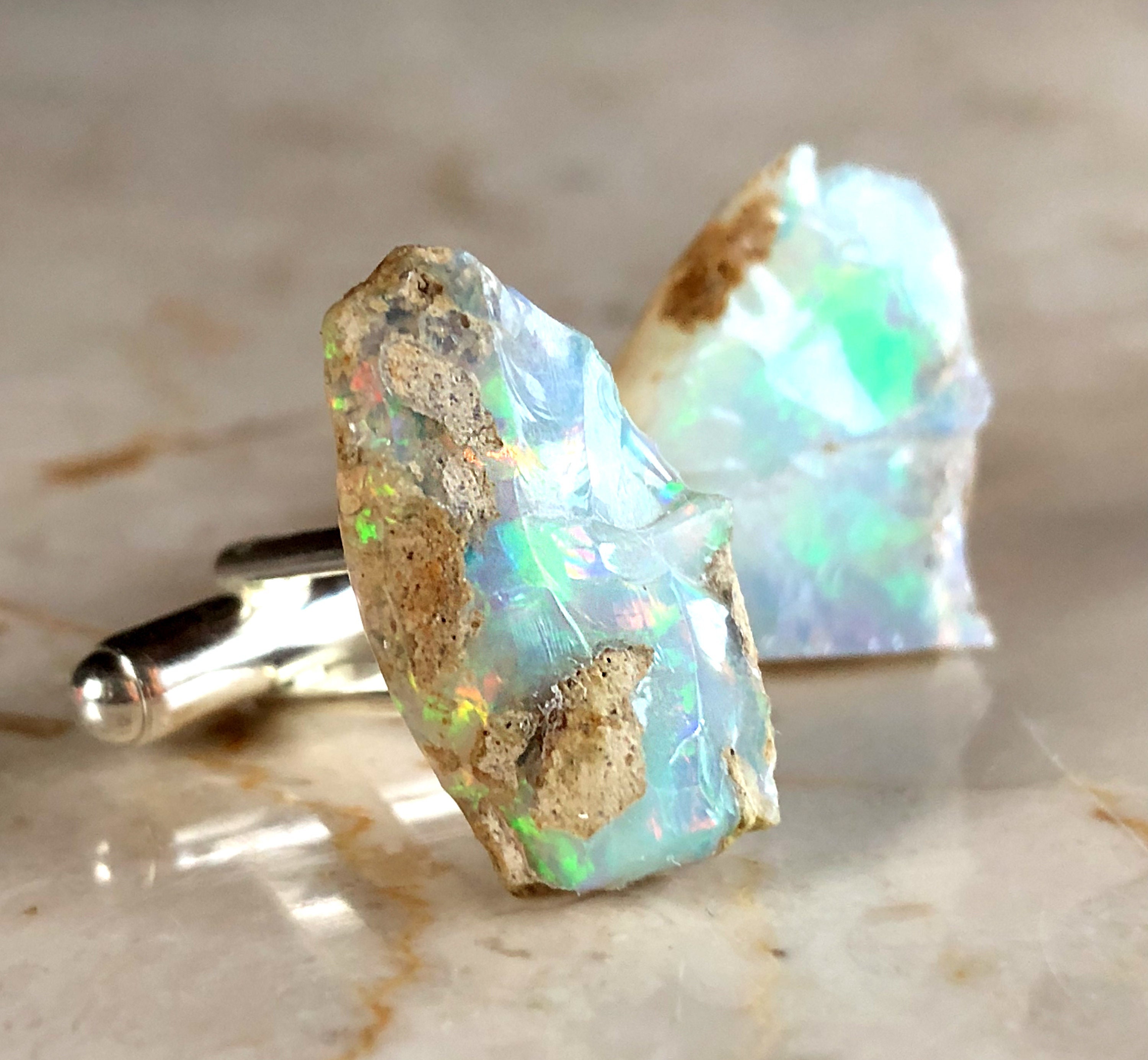 Ethiopian Welo Opal Cufflinks. Raw Precious Opal Gemstone Cuff Links. Libra Birthday Men, October Birthstone Men, Grooms Wedding Cufflinks