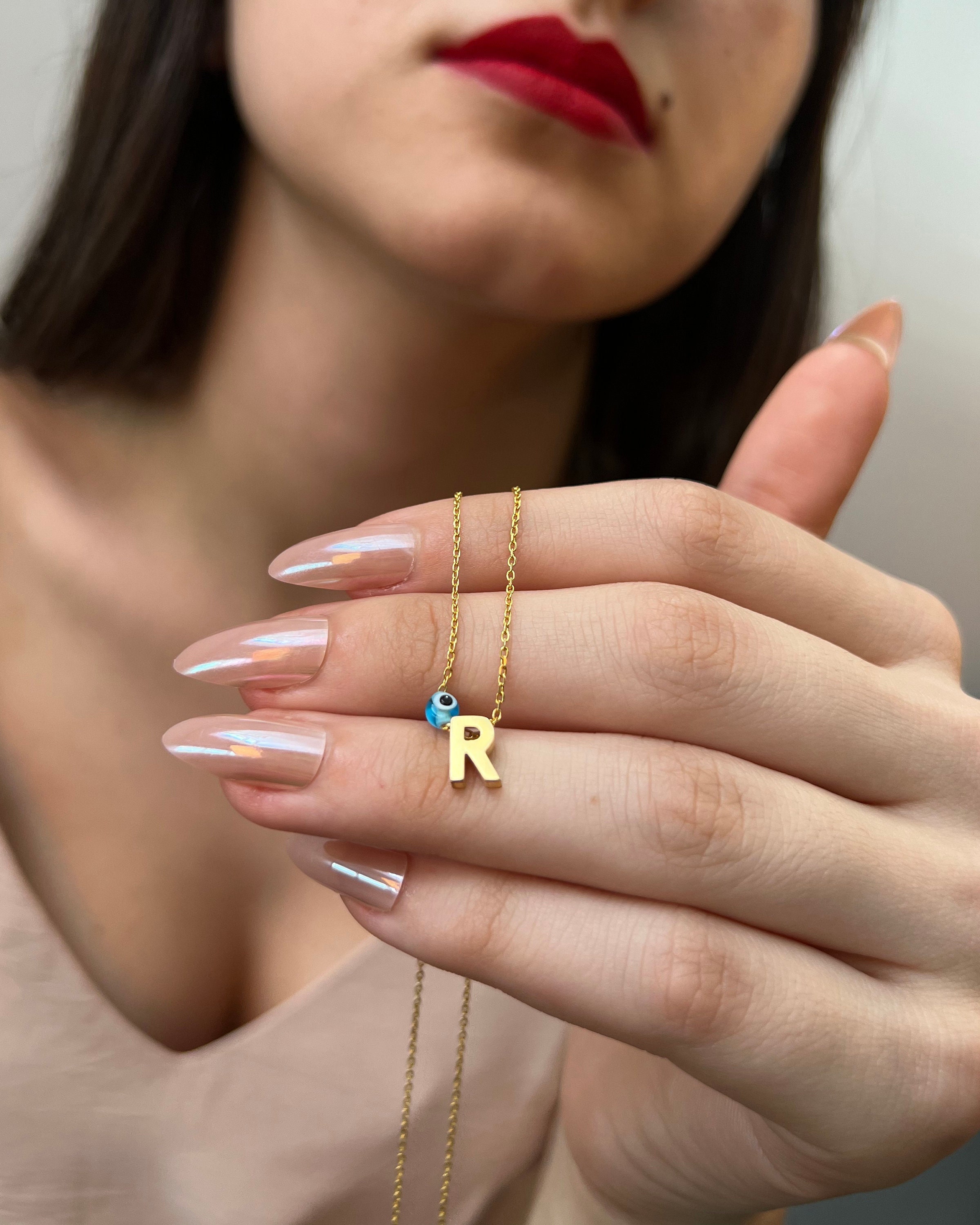 Evil Eye Beaded Gold 3d Letter Necklace , Initial Letter Dainty Necklace , Minimalist Letter Necklace , Valentine's Day Gift