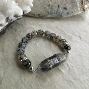 Black Phantom Crystal Point Black Fire Agate Beaded Stretch Bracelet - Wire Wrapped Raw Crystal Bracelet - OOAK Black Crystal Point Bracelet Black Phantom Crystal Point Black Fire Agate Beaded Stretch Bracelet - Wire Wrapped Raw Crystal Bracelet - OOAK Black Crystal Point Bracelet