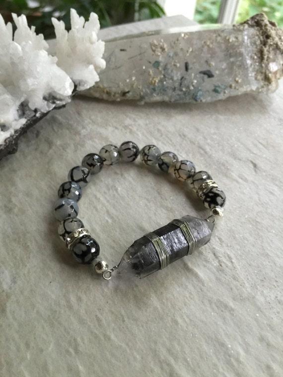 Black Phantom Crystal Point Black Fire Agate Beaded Stretch Bracelet - Wire Wrapped Raw Crystal Bracelet - Ooak Black Crystal Point Bracelet