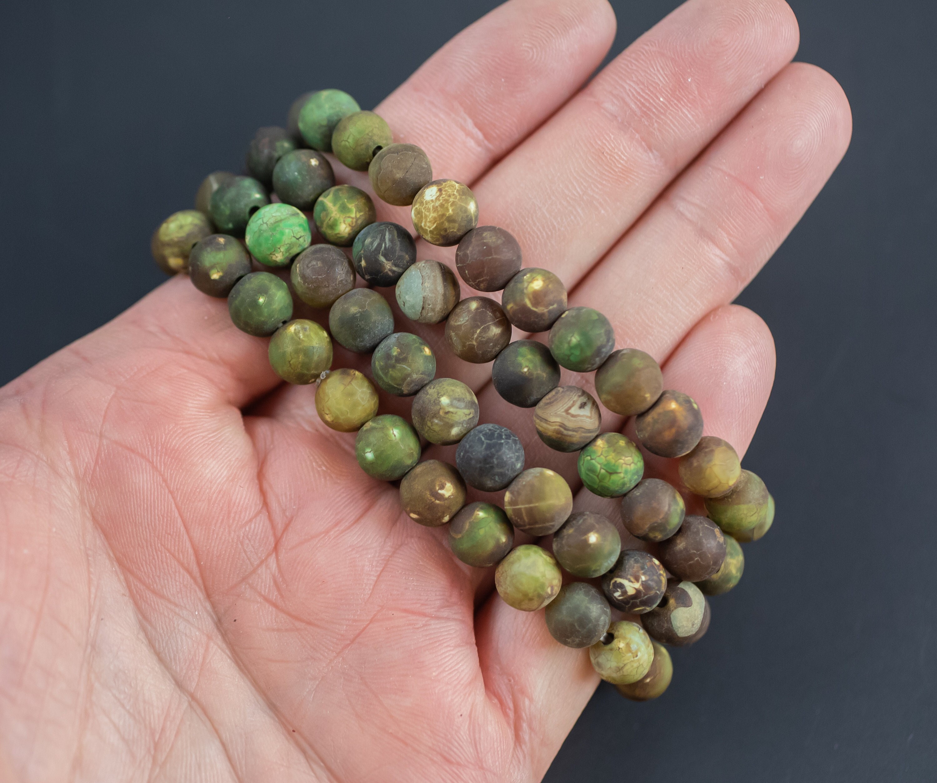 Matte Army Green Fire Agate Bracelet Round Size 6mm And 8mm Handmade In Usa Natural Gemstone Bracelets - Handmade Jewelry - Approx. 7"