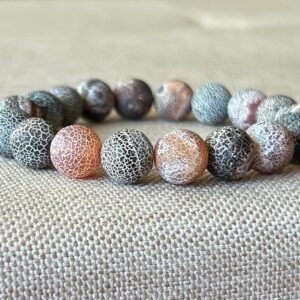 Multicolored Cracked Fire Agate Bracelet, Red Peach Black Gray 10mm Stones