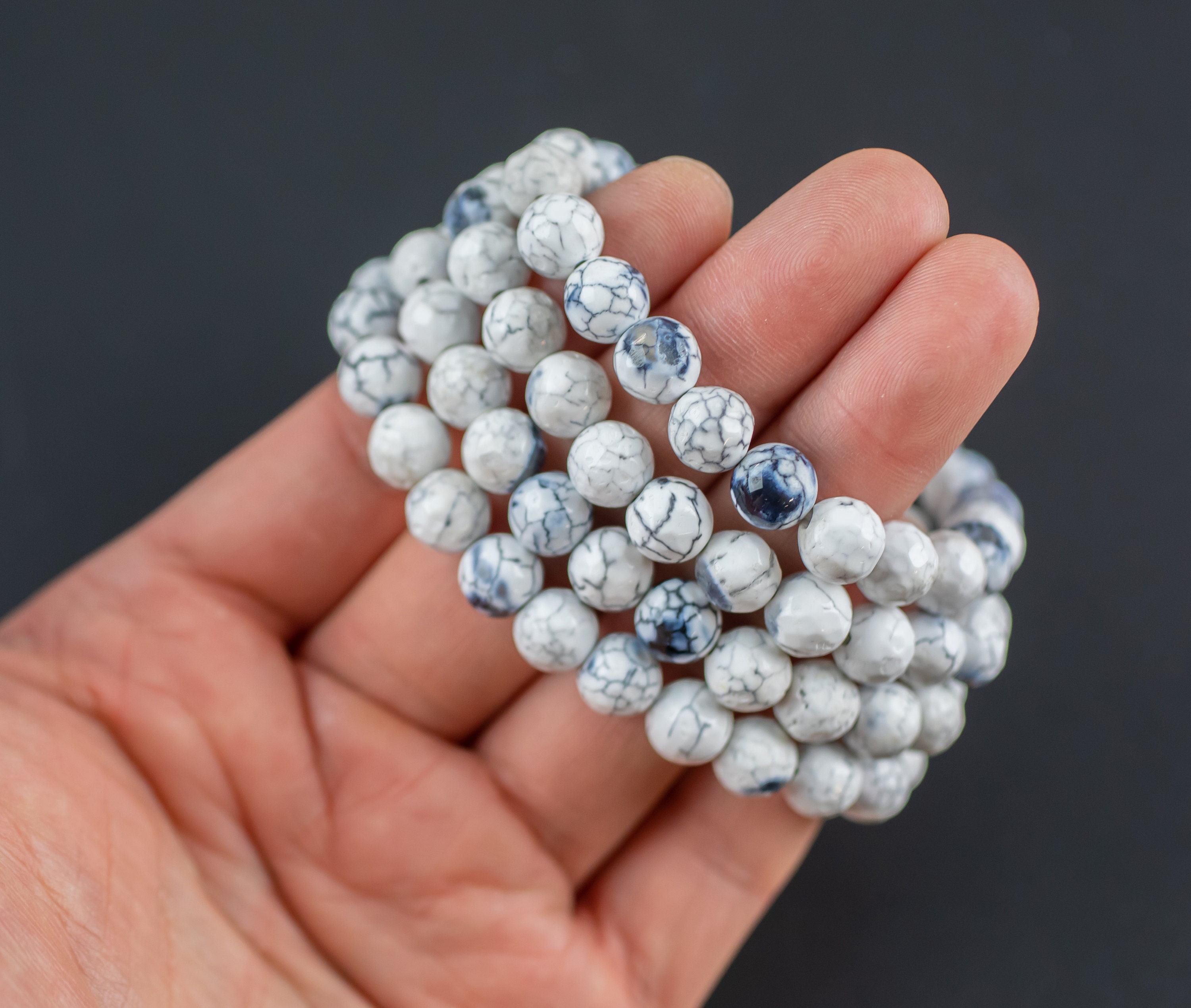 White Fire Agate Bracelet Round Size 6mm And 8mm Handmade In Usa - Natural Gemstone Crystal Bracelets Handmade Jewelry - Approx. 7"