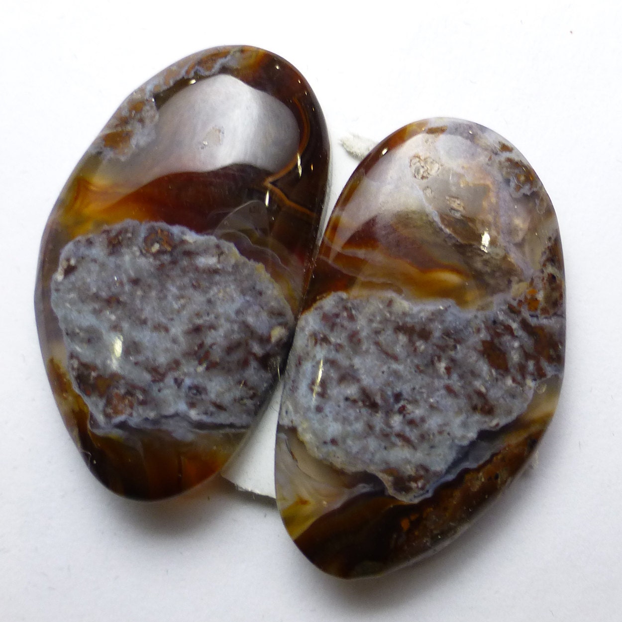 28.595 Carats Fire Agate Cabochons Natural Pair Mexican Designer For Use In Jewelry Earrings Hand Cut Handmade Two Stones Set Brown Bronze