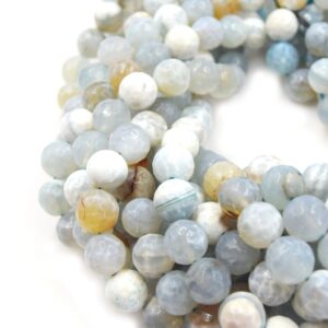 Faceted Fire Agate Beads: Dyed White Aqua Gemstone, 15 Inch Strand