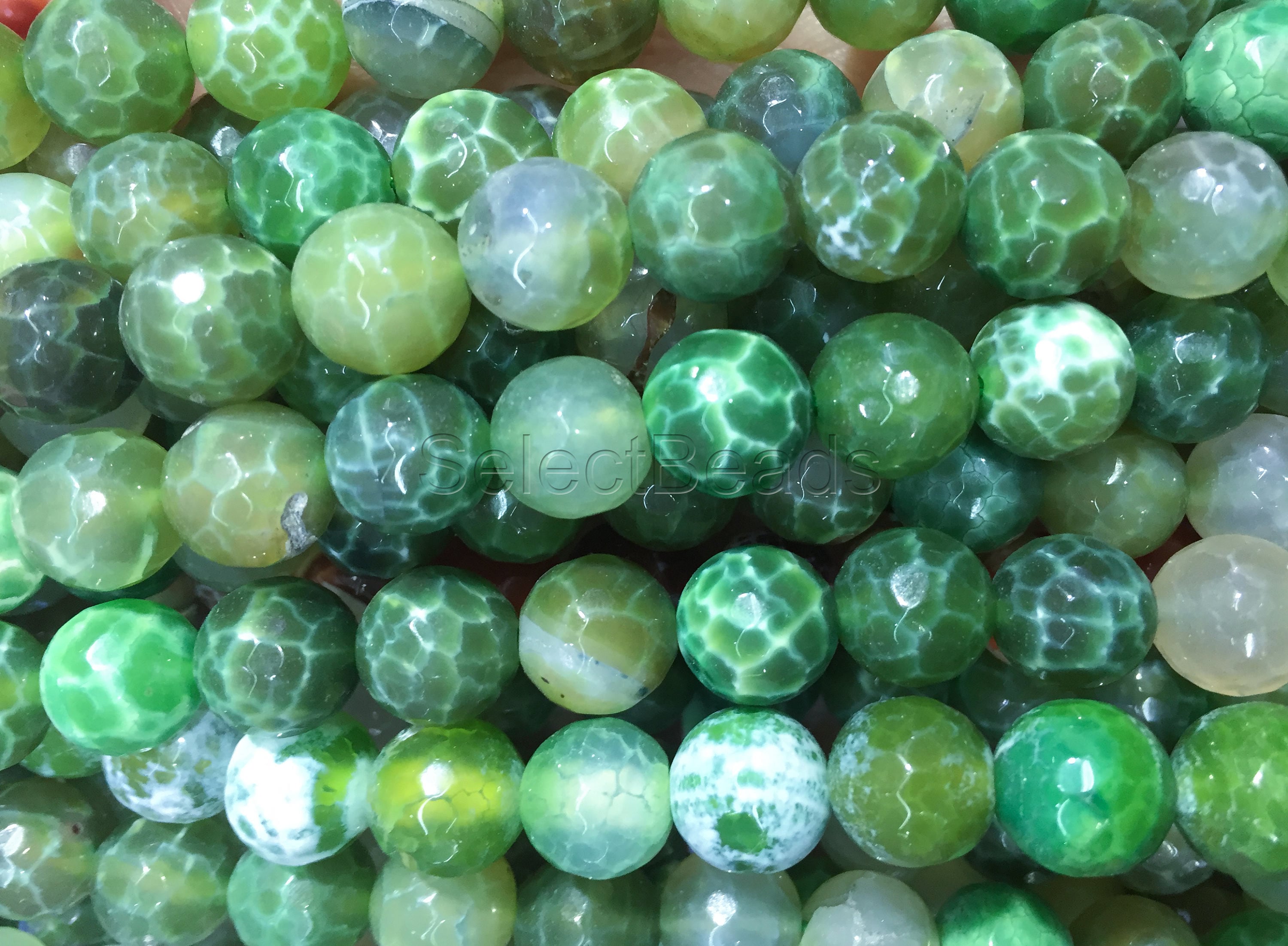 Green Fire Agate Beads - Faceted Green Gemstone Beads - Cracked Fire Agate Round Beads - 6mm 8mm 10mm 12mm Green  Stone Beads  -15inch