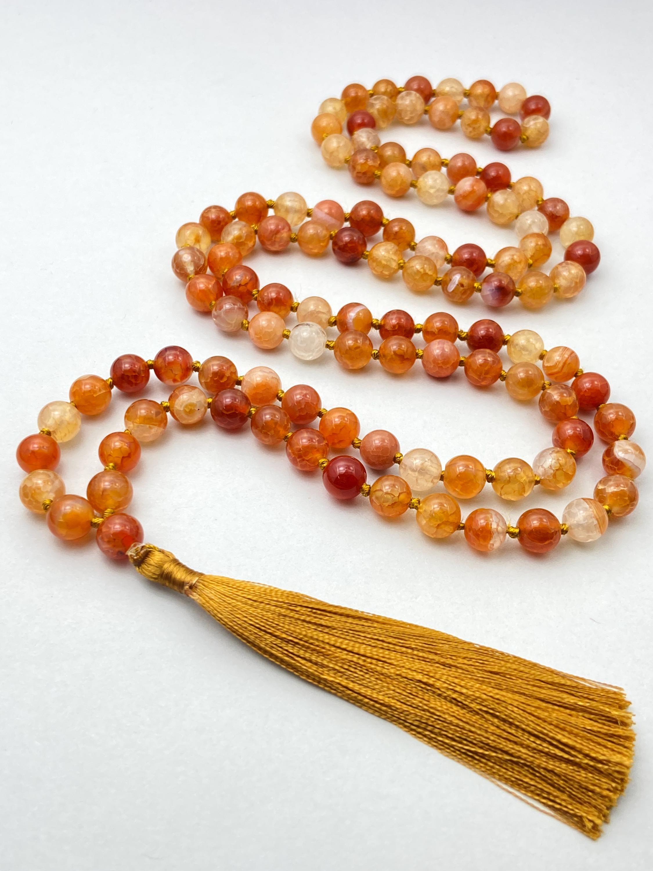Fire Agate 108 Mala Beads Hand Knotted Buddhist Mala Necklace Meditation Yoga Jewelry Gift