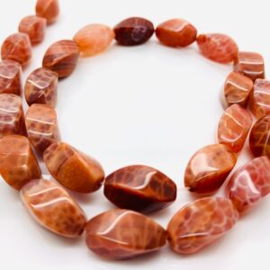 Fire Agate Beads, Red Fire Agate Twisted Barrel Puffed Oval Natural Gemstone Beads - Pg175