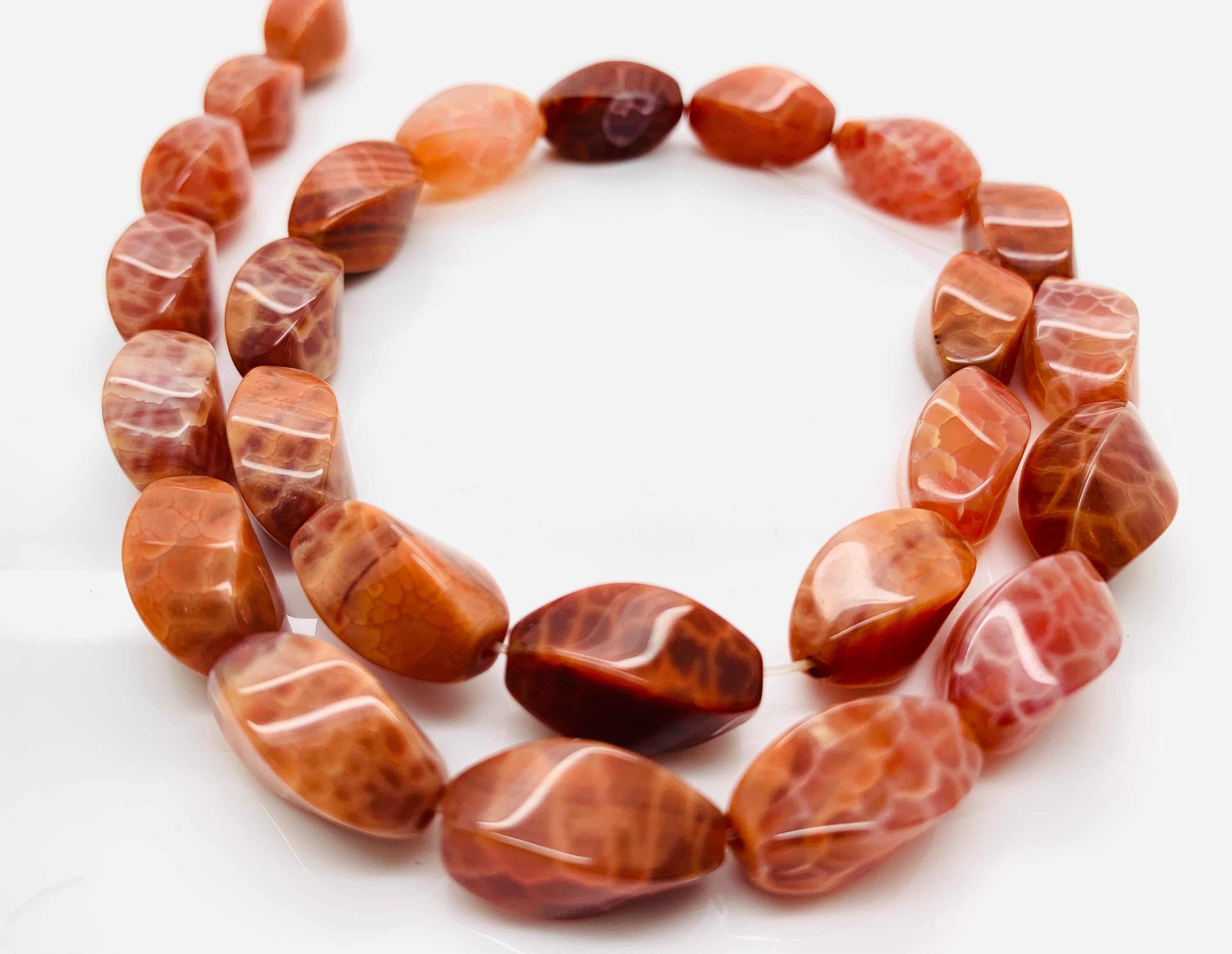 Fire Agate Beads, Red Fire Agate Twisted Barrel Puffed Oval Natural Gemstone Beads - Pg175