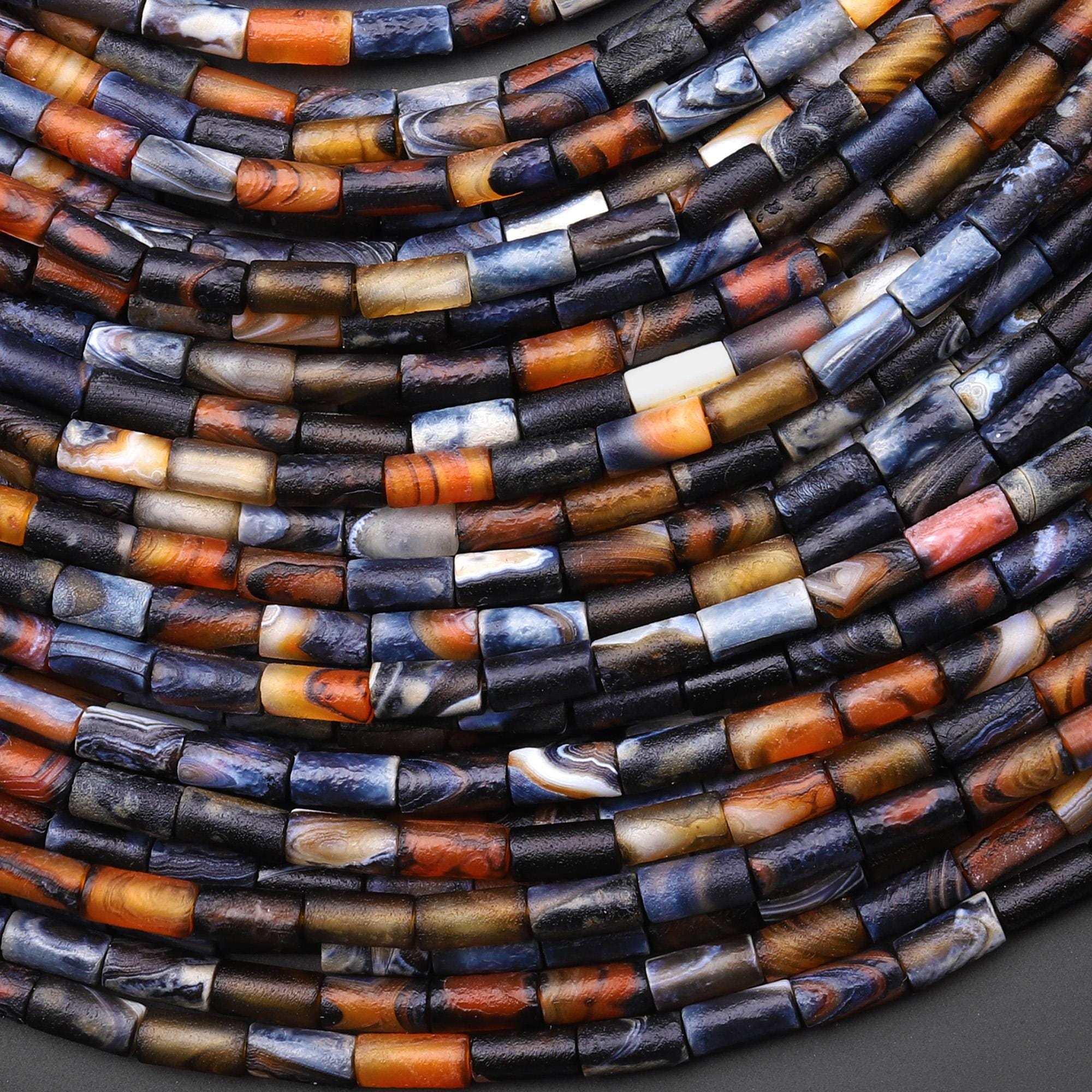 Matte Tibetan Orange Red Black Fire Agate Tube 4x7mm Beads 15" Strand
