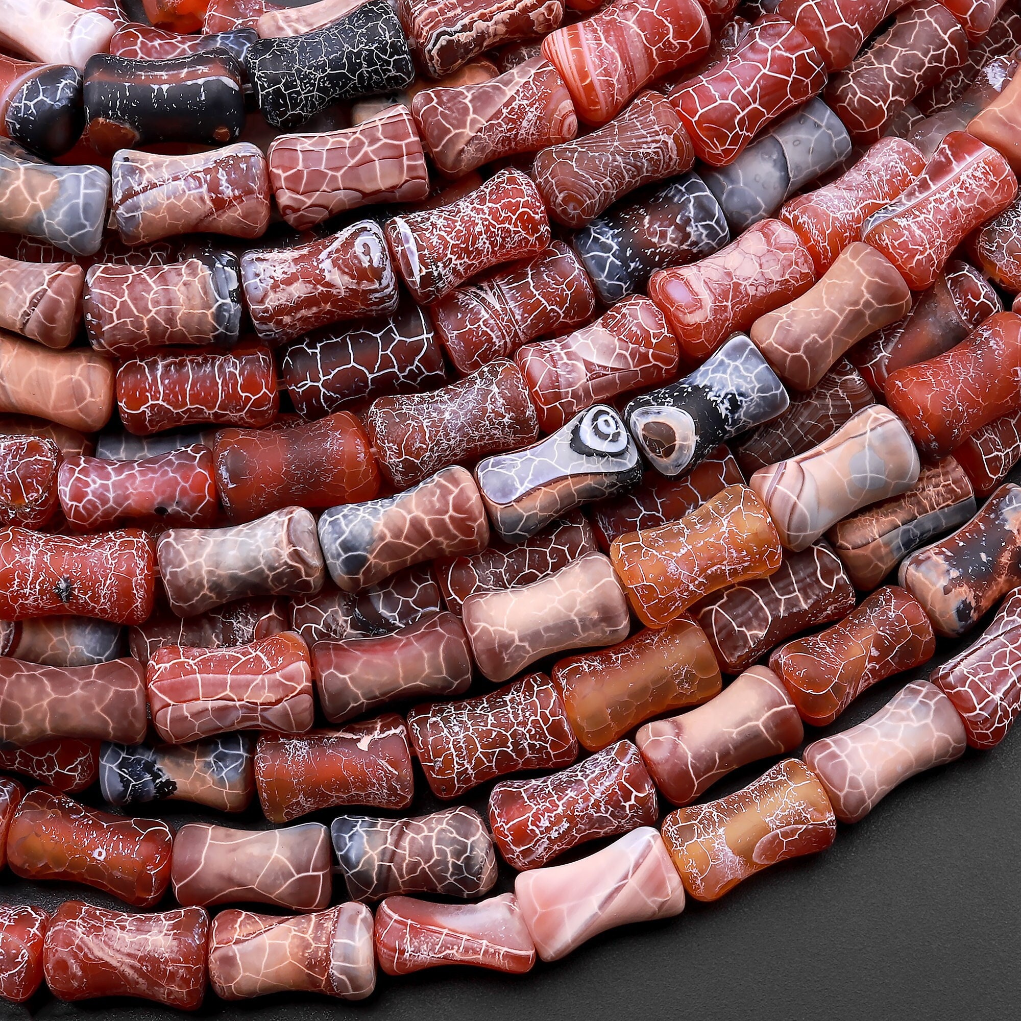 Matte Tibetan Red Black Fire Agate Bamboo Stem Tube Beads 15" Strand