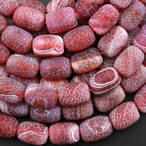 Matte Finish Tibetan Red Fire Agate Barrel Beads Aka Cracked Agate Dragon Skin Agate 15" Strand Matte Finish Tibetan Red Fire Agate Barrel Beads Aka Cracked Agate Dragon Skin Agate 15" Strand