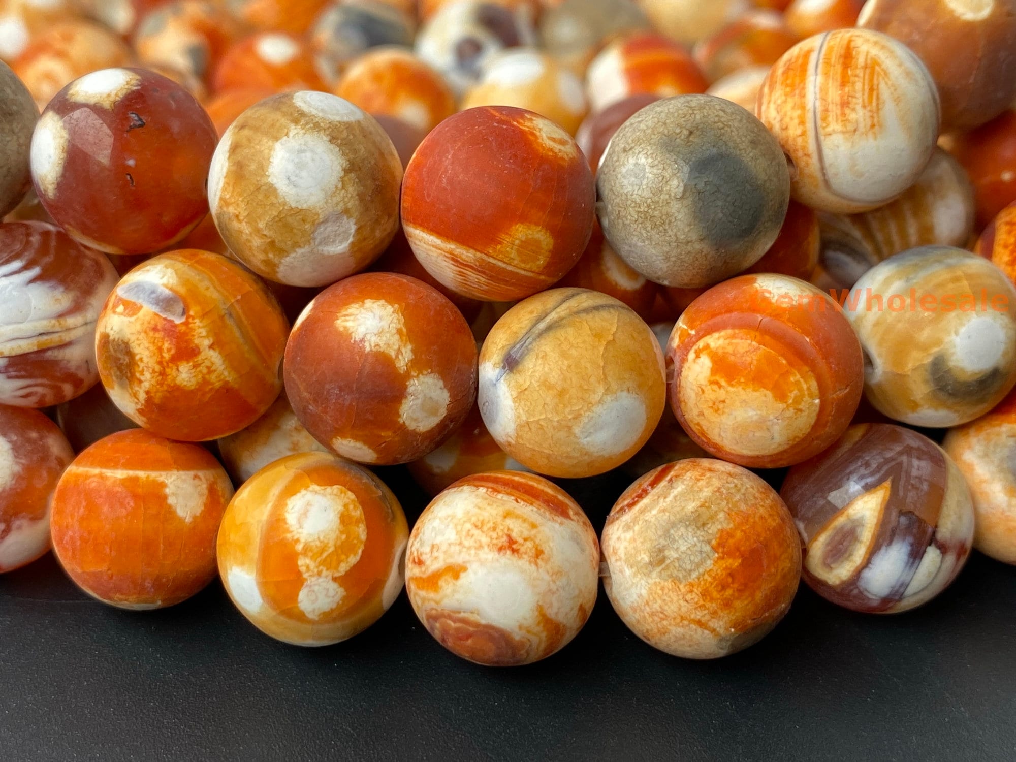 15.5" 12mm Matte Orange Red Yellow Grey Dream Fire Agate Round Beads, With Special Stripe Texture Wglo 15.5" 12mm Matte Orange Red Yellow Grey Dream Fire Agate Round Beads, With Special Stripe Texture Wglo