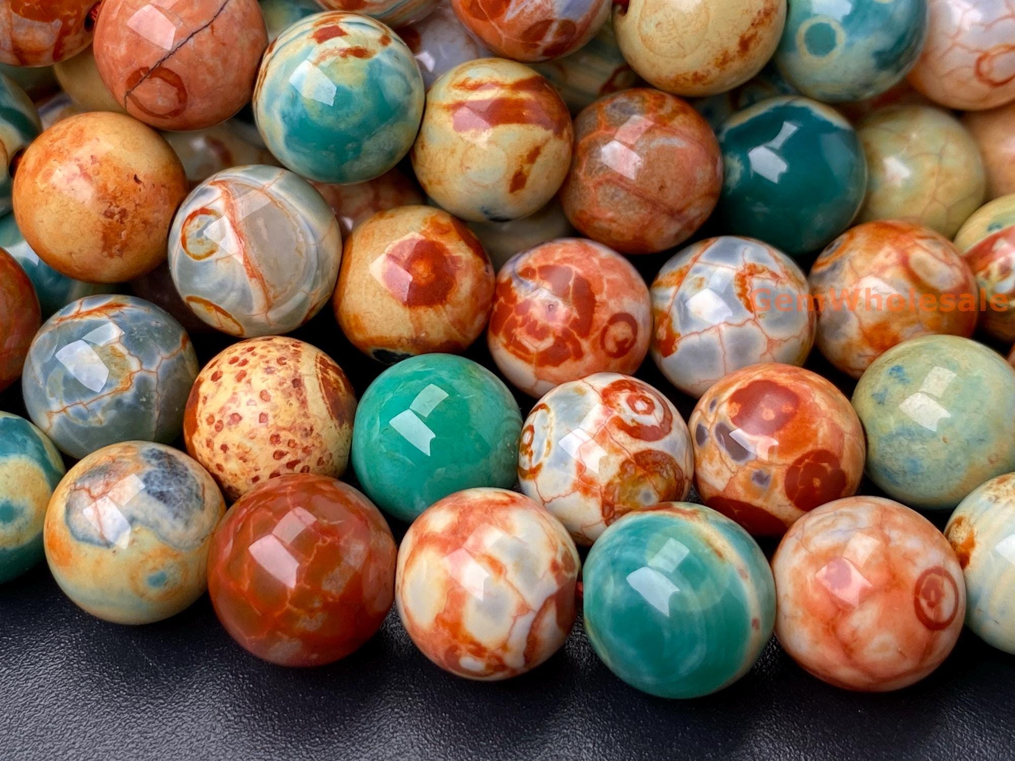 15" 8mm/10mm Green Orange Stripe Fire Agate Round Beads, Multi Green Color Agate, Semi-precious Stone Wglo 15" 8mm/10mm Green Orange Stripe Fire Agate Round Beads, Multi Green Color Agate, Semi-precious Stone Wglo