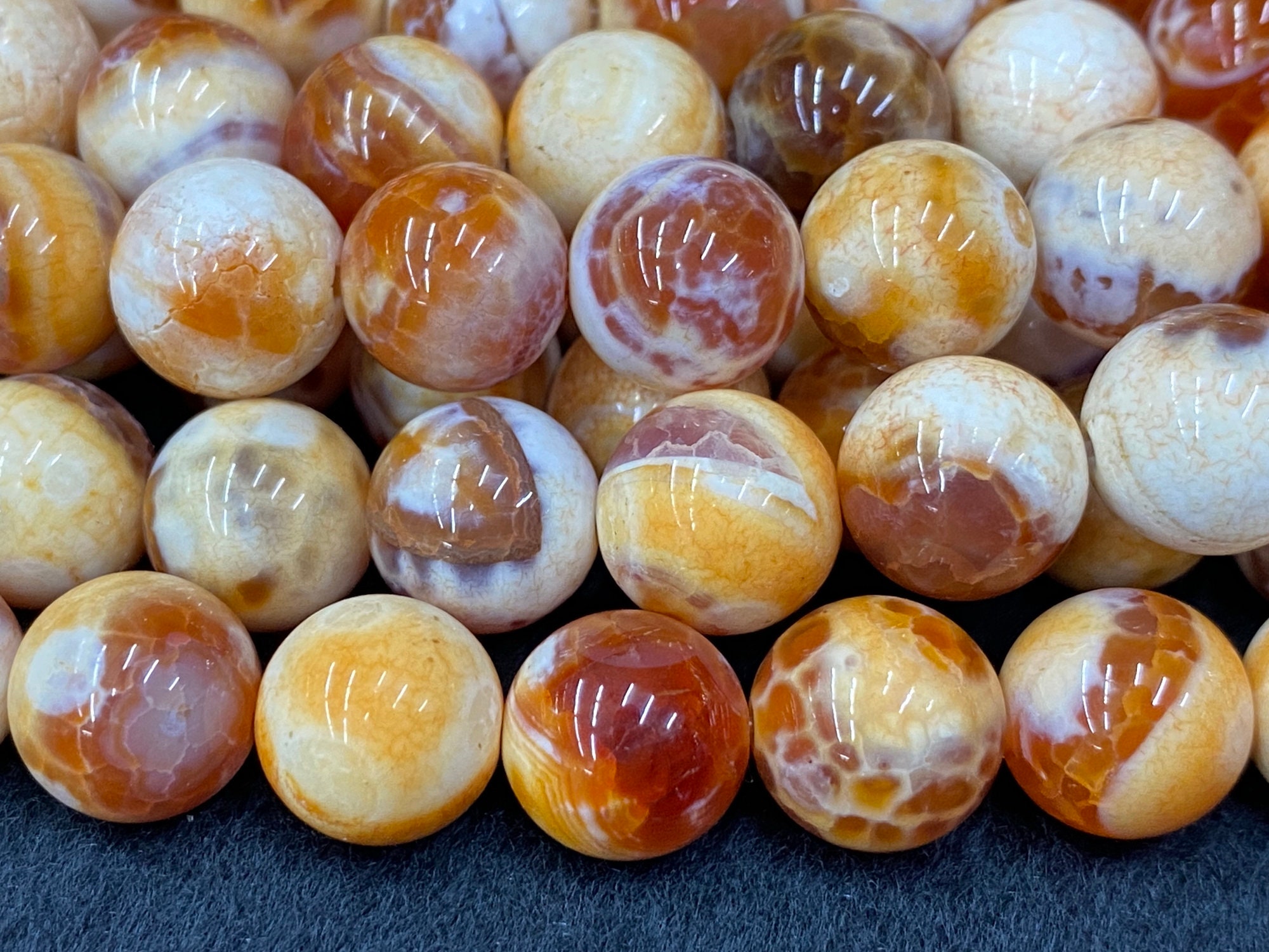 15" 8mm Dream Fire Agate Yellow Orange Beige Color Round Beads, With Special Stripe Texture Wglo