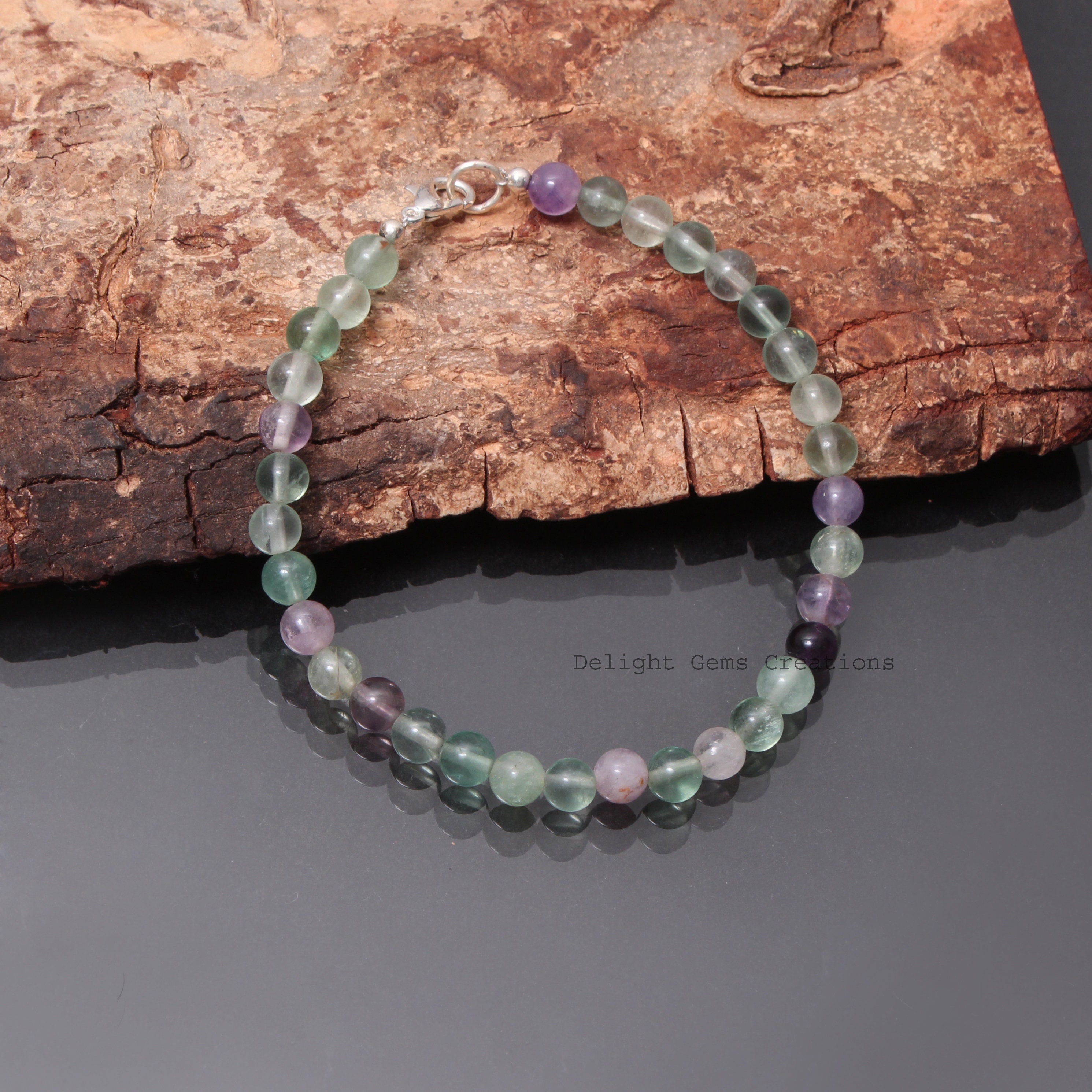 Fluorite Bracelet - 6mm Smooth Round Gemstone Beads, 925 Silver Clasp