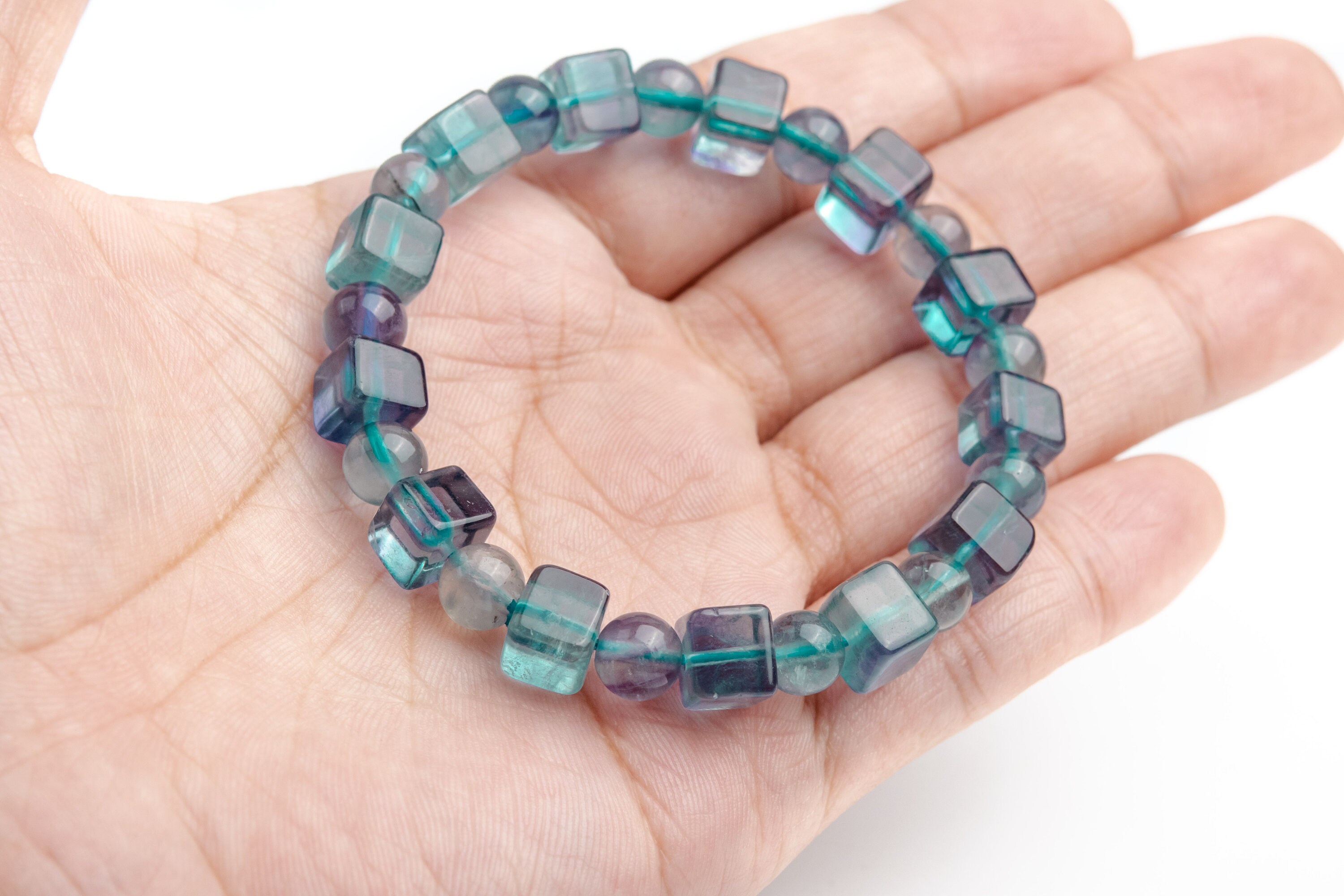7-8mm Fluorite Beads Blue Purple Bracelet Grade Aaa Genuine Natural Beveled Edge Faceted Cube Gemstone 7" (121734h-1557)