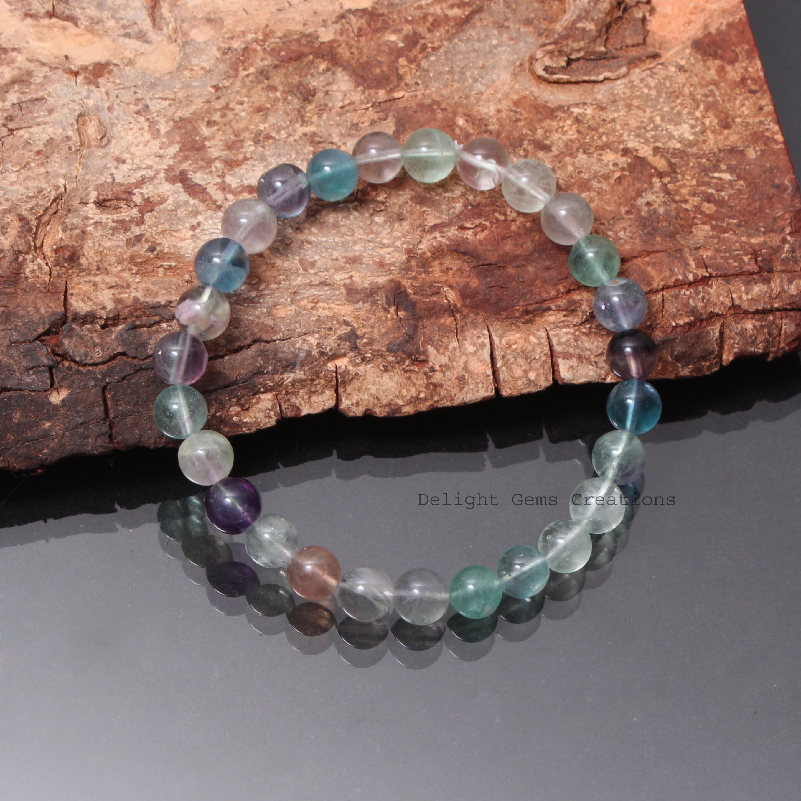 8mm Natural Fluorite Beaded Bracelet, Colorful Smooth Round Stone