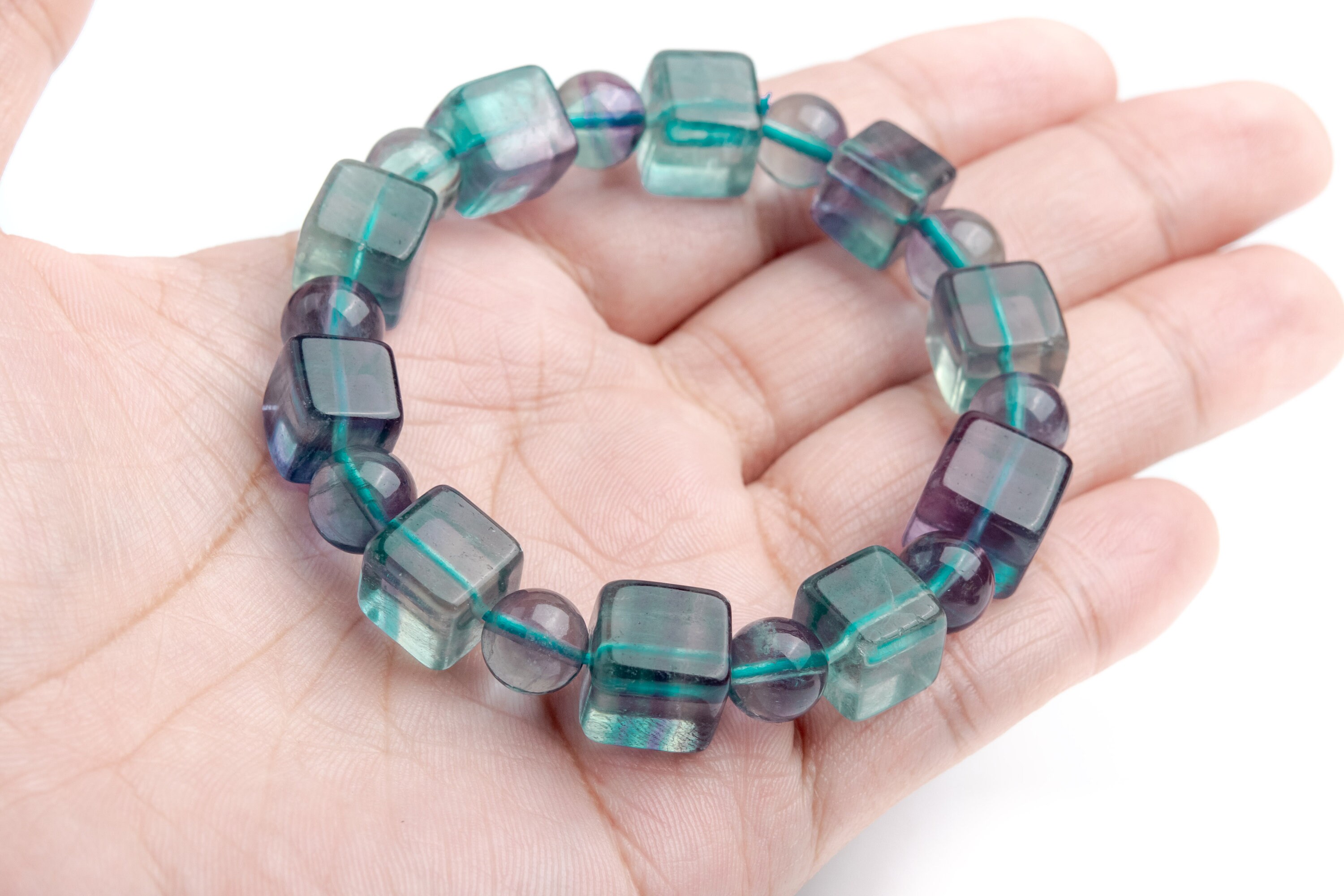 9-10mm Fluorite Beads Blue Purple Bracelet Grade Aaa Genuine Natural Beveled Edge Faceted Cube Gemstone 7" (121740h-1596)