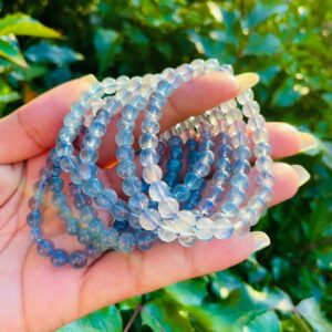 Blue Fluorite Crystal Bracelet: Round Gemstone Beaded Jewelry
