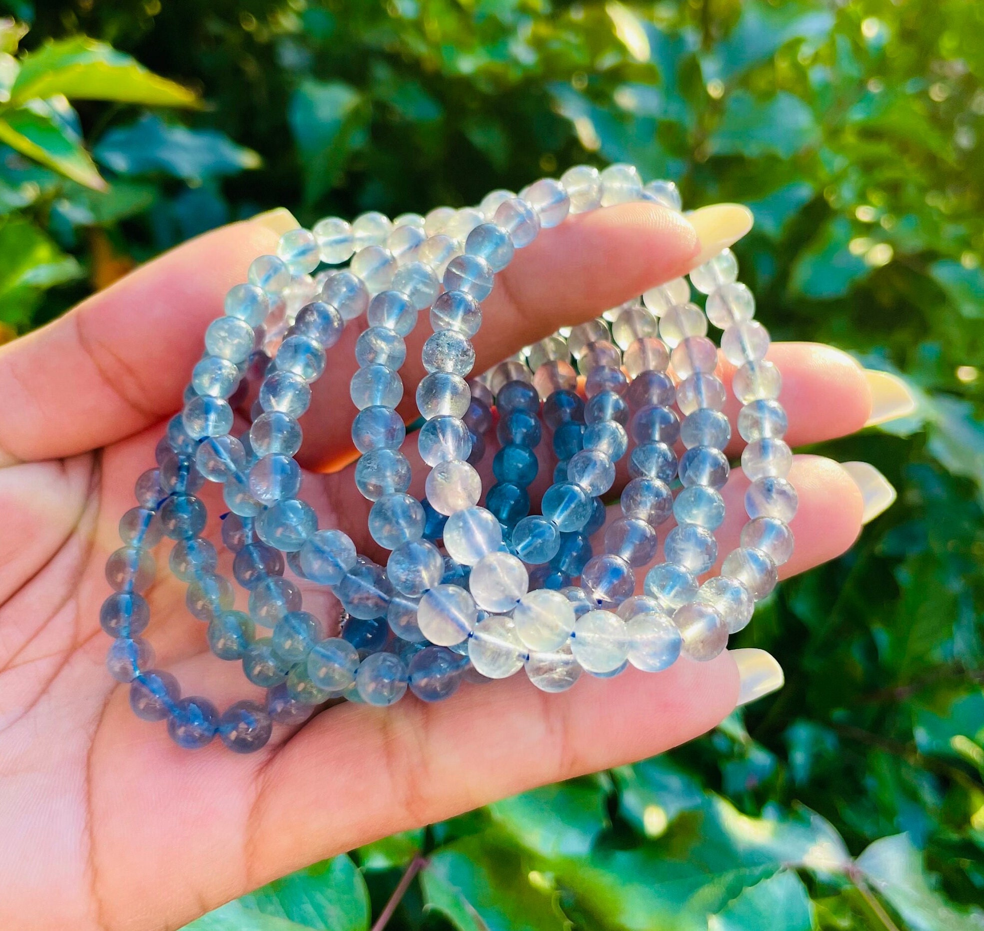 Blue Fluorite Crystal Bracelet: Round Gemstone Beaded Jewelry