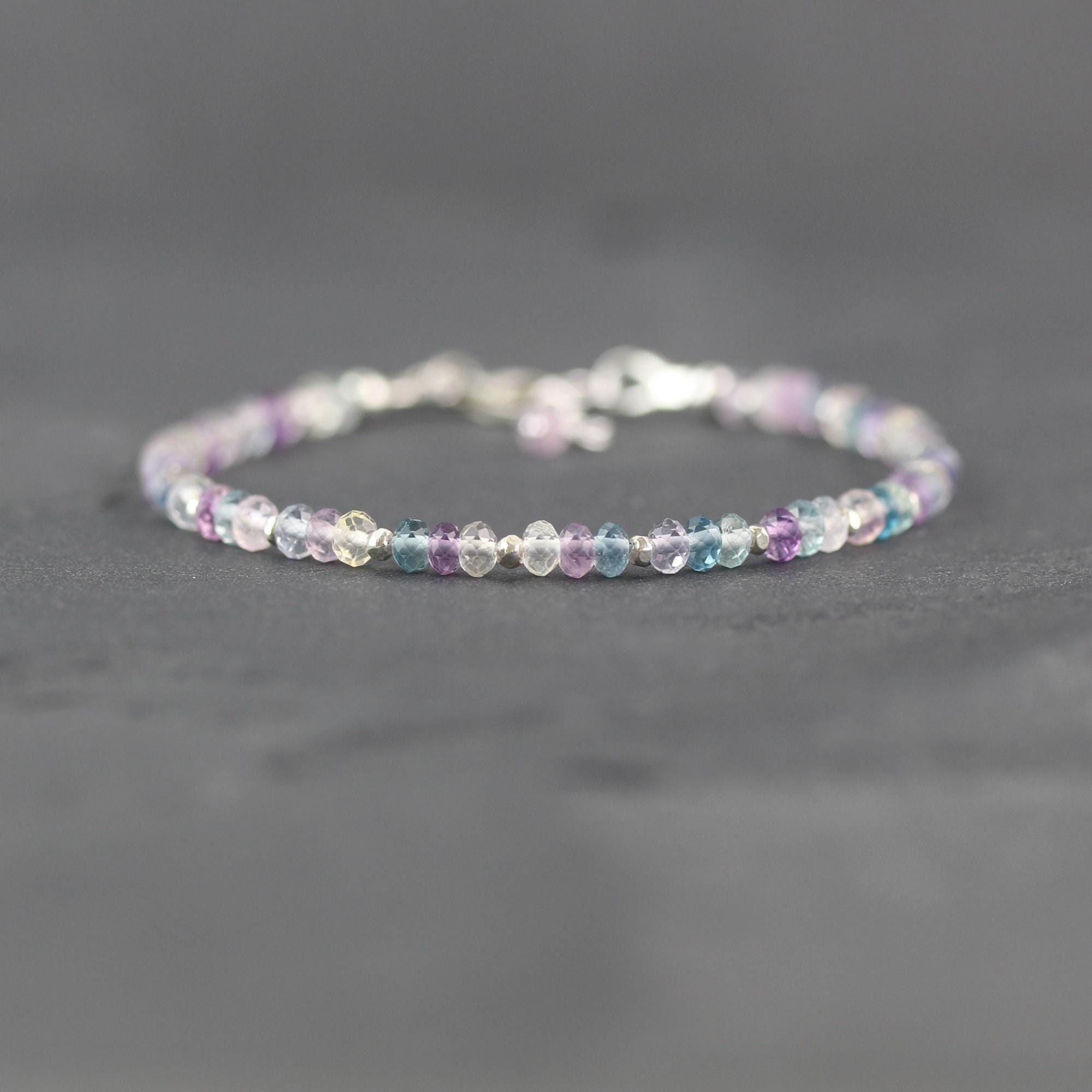 Dainty Fluorite Bracelet With 3.5mm Faceted Gemstones In Sterling Silver, Gold Or Rose Gold Filled, Multi Colour Natural Crystal Dainty Fluorite Bracelet With 3.5mm Faceted Gemstones In Sterling Silver, Gold Or Rose Gold Filled, Multi Colour Natural Crystal