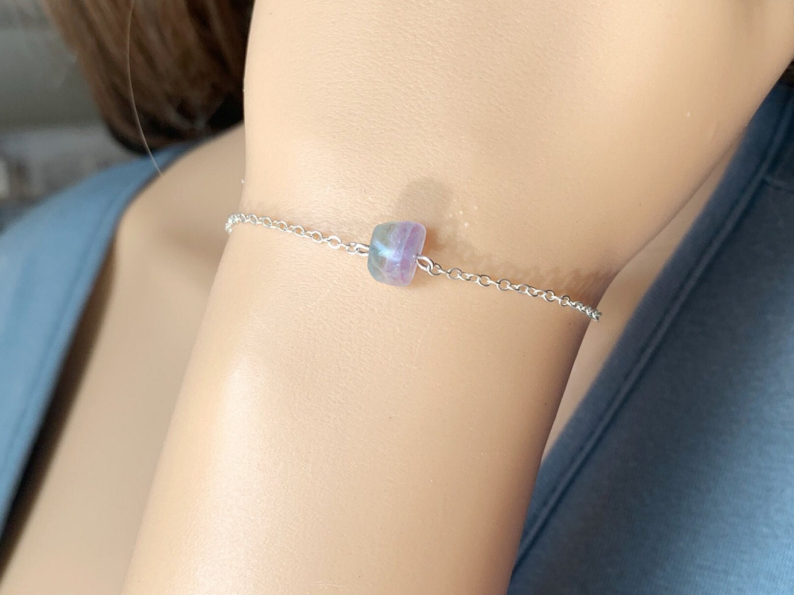 Dainty Fluorite Bracelet, Gemstone Empath Bracelet For Women, Rainbow Crystal Bracelet, Tiny Rainbow Gemstone Bracelet Birthday Gift For Mom